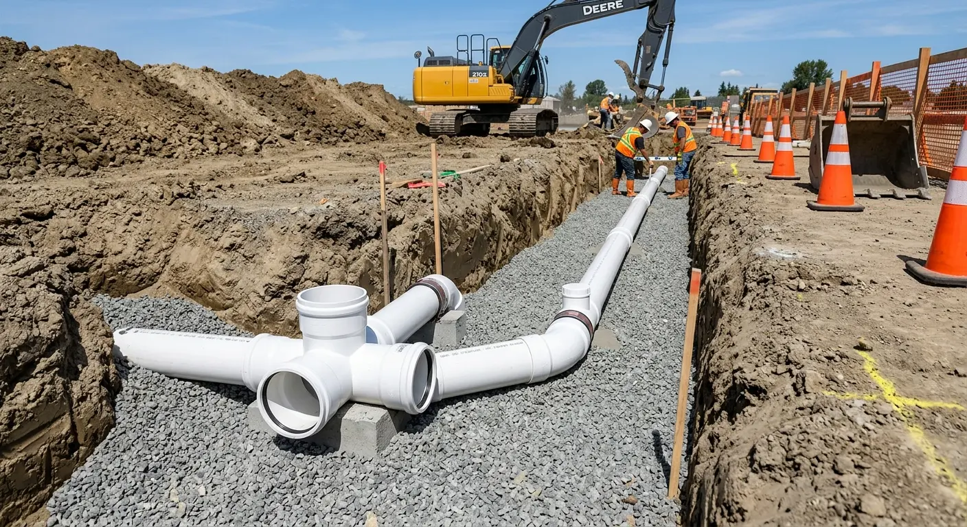 New PVC sewer pipe installation in open trench for Sewer Backup in Fort Mohave